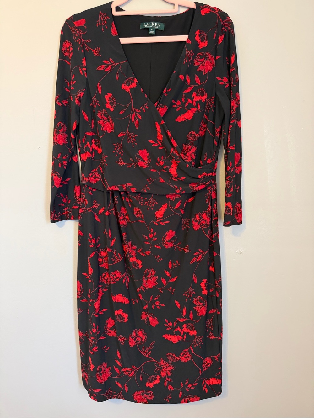 Lauren Ralph Lauren Dress Womens 10 Black Red Floral Long Sleeve Midi